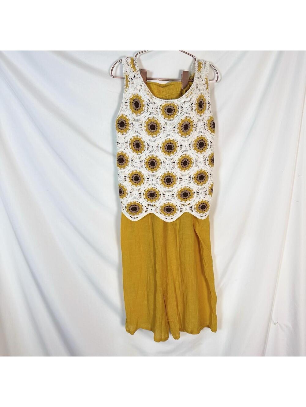 KNIT WORKS 2 PIECE SET Sunflower Girls Crotchet Top Crepon Pants Large Sz 14